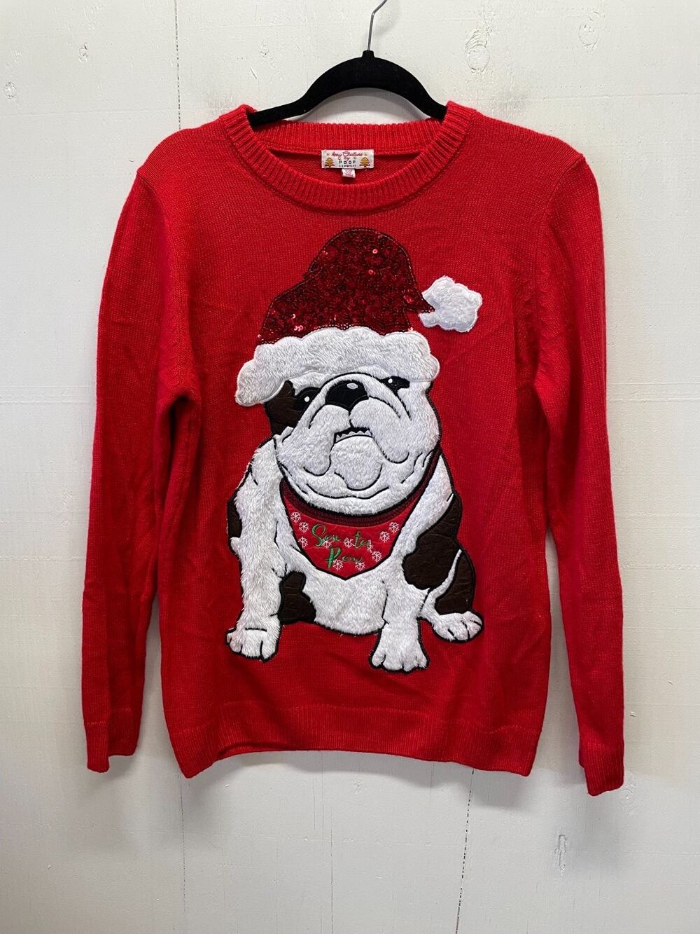 Poof! Womens Santa Paw Bulldog Christmas Sweater Size Medium, Sequined Santa Hat